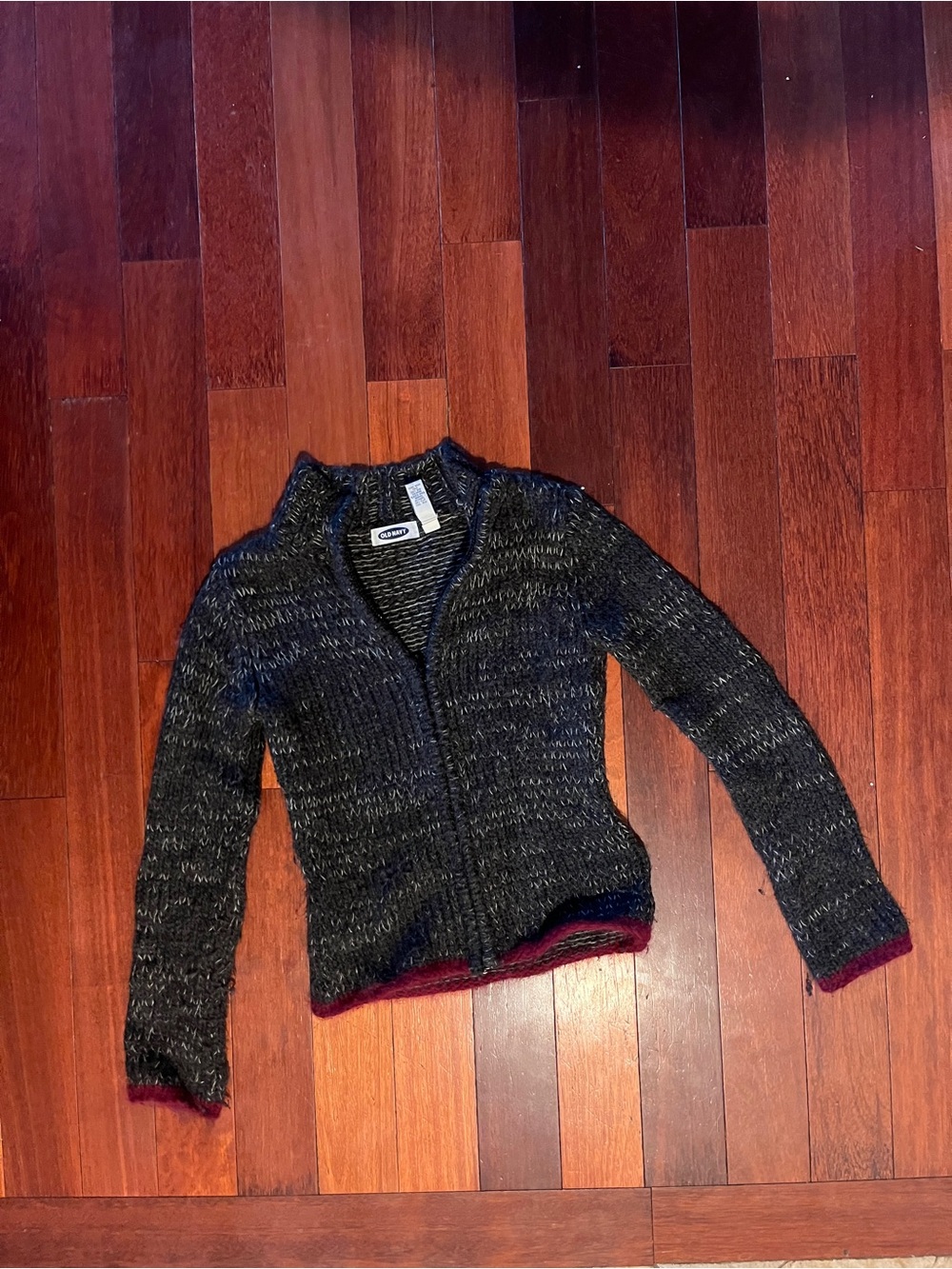 Vintage Old Navy Black Marled Zip Cardigan with Burgundy Trim